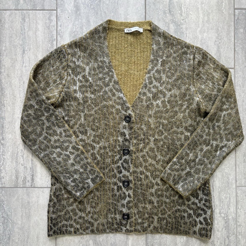 Zara Leopard Olive Metalic Silvet Print Textured Cardigan Knit Women's Size M
